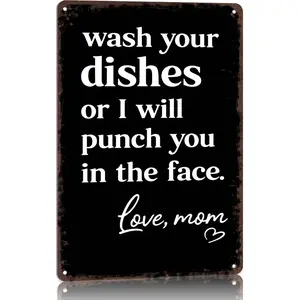 Funny 'Wash Your Dishes Or I'Ll Punch You In The Face' Metal Tin Sign 8"X12" - Waterproof, Weather-Resistant, Matte Finish, Perfect For Kitchen & Home Decoration, Cute Gift For Mom Acrylic Plaque Sign Yard Sign
