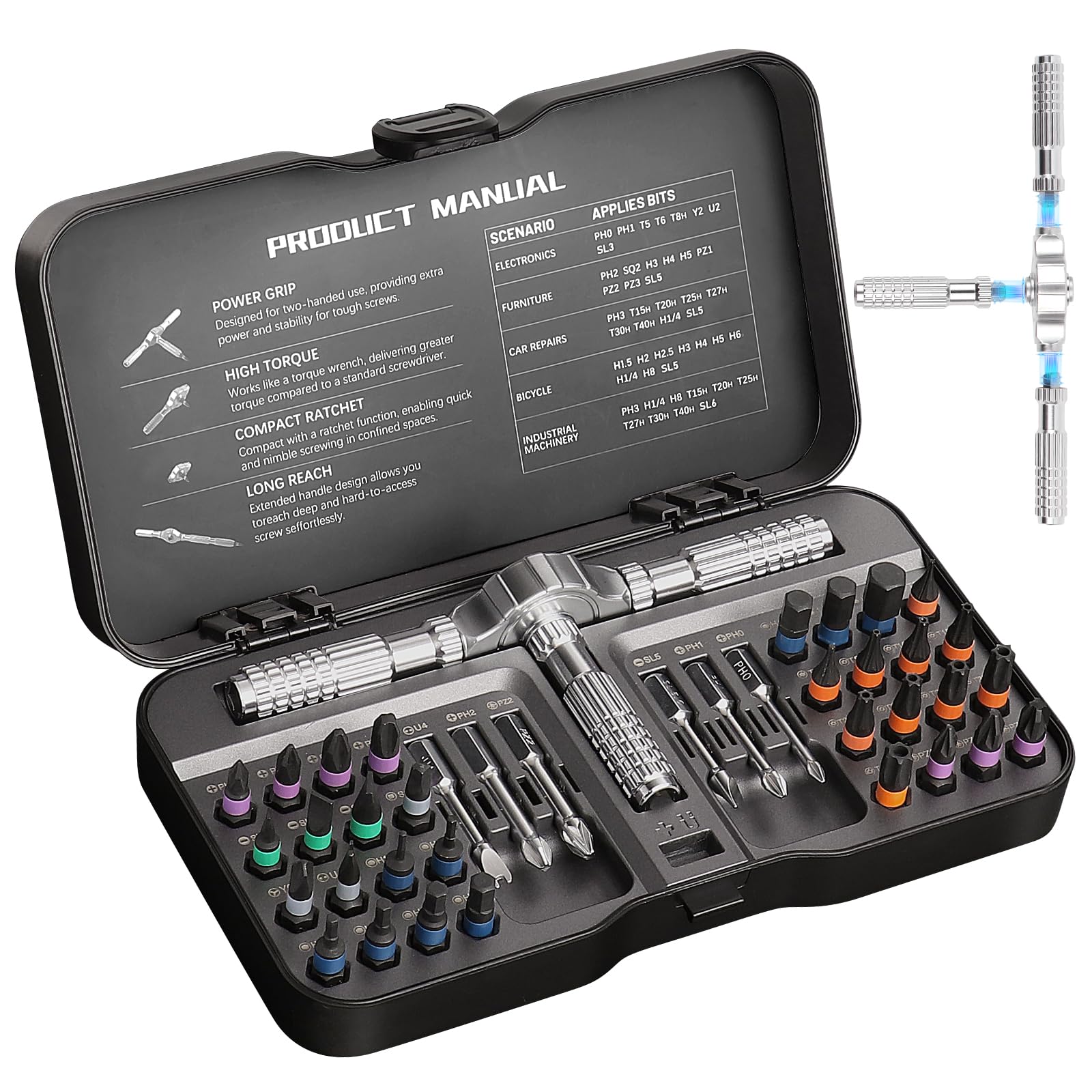 Upgraded Hex Key, Torx, and Slotted Ratchet Screwdriver Set, Magnetic Drill Bits with Size Markings | Easy to Identify and Store, Multiion T-Handle Drive Kit for DIY and Home Repair