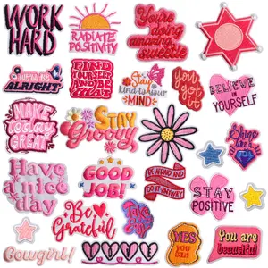 26PCS Pink Positive Messages Iron On Patches Cute Inspirational Words Quotes Sew on Embroidery Applique Repair Patch for DIY Clothing T-shirts Jeans Hats Backpacks Decoration
