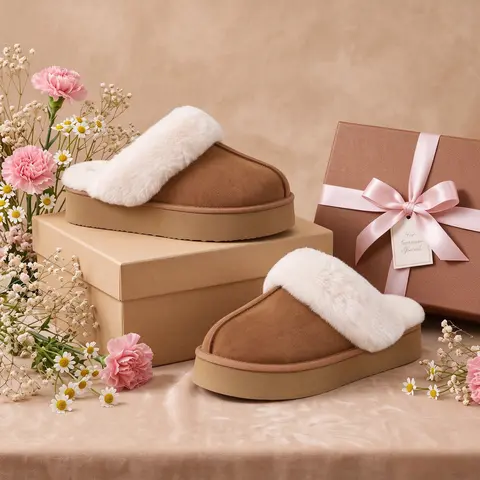 OOW Women's Chestnut Faux Fur Shearling Blend Fuzzy Platform Solid Round Toe Open Slip-On House Shoes - Winter Casual Faux Fur Fleece Fashion Slippers, Gift for Womens for Black Friday