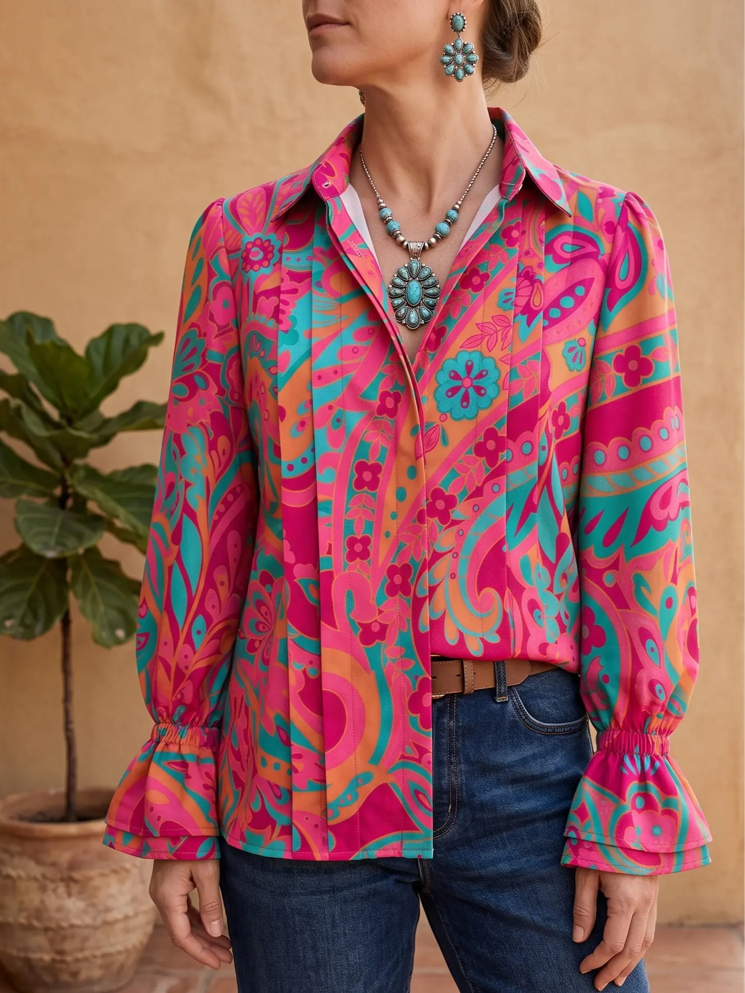 Chic Petal Women's Pink & Teal Floral Print Blouse - Long Ruffle Sleeves, Pleated Front, Fabric Shirts, Retro Country Concert OOTD Elegant Black
