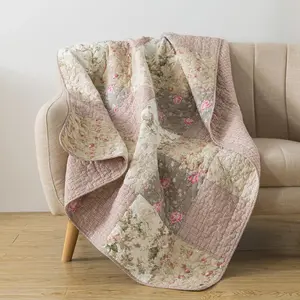 Quilted Throw Blanket, 50" x 60" Floral Farmhouse Patchwork Quilt, Shabby Chic Patchwork Throw Lap Quilt for Couch,  Garden