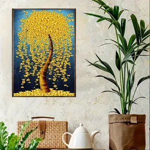 Modern Abstract Lucky Money Tree Canvas Art Print, 12x18" Frameless Diamond Painting Kit with Unique Shapes, Plant Theme for Home & Office Decor