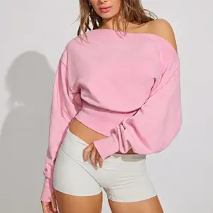 Fisoew Women's Autumn/Winter Solid Color Casual Y2K Basic Off-Shoulder Sweatshirt — Elastic Street Style Top for Daily Wear & Back-to-School Streetwear