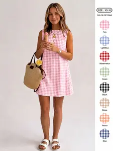 IDEALSANXUN Women's Retro Gingham Plaid Sleeveless Sundress - Crewneck/Spaghetti Strap, Cotton Casual Wear Piece, Cute Clothes for Women, Spring Summer Beach Dress with Buttons summerwins,summerwins,summeroutfits,vacationoutfits,beachoutfits