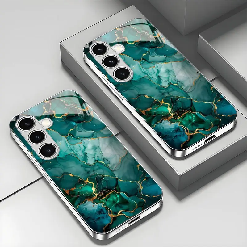 High-End Trendy Green Ink Marble Pattern Smartphone Casing, Multi-Model Protective Accessory for Samsung Galaxy S25-S20 Plus/A05-A36/A54-A56, with Enhanced Defense