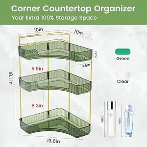 Makeup Organizer for Vanity, 3-Tier Corner Bathroom Organizer Countertop with Makeup Brush Holder, Corner Counter Storage for Bathroom Dresser- Green