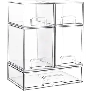 Stackable Storage Drawers Set of 5, Clear Plastic Organizer Bins for Bottle, Beauty Supplies Storage, Ideal for Kichen Countertop, Vanity, Bathroom, Cabinet, Pantry Organization