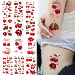 Set of 12 cherry pattern female tattoo stickers, Lip Tattoo Stickers, Juicy Lip Tattoo, English phrases bow flower cherry element temporary tattoo stickers, suitable for holiday party makeup performances, holiday gifts
