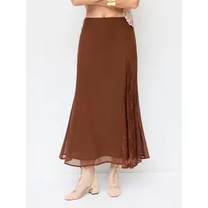 Cider Chiffon Mid Rise Lace Panel Mermaid Maxi Skirt