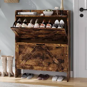Shoe Cabinet with 2 Flip Drawers, Freestanding Narrow Shoe Storage Cabinet for Entryway, Farmhouse Shoe Shoe Organizer Rack with Removable Shelf for Hallway, Foyer, Rustic Brown