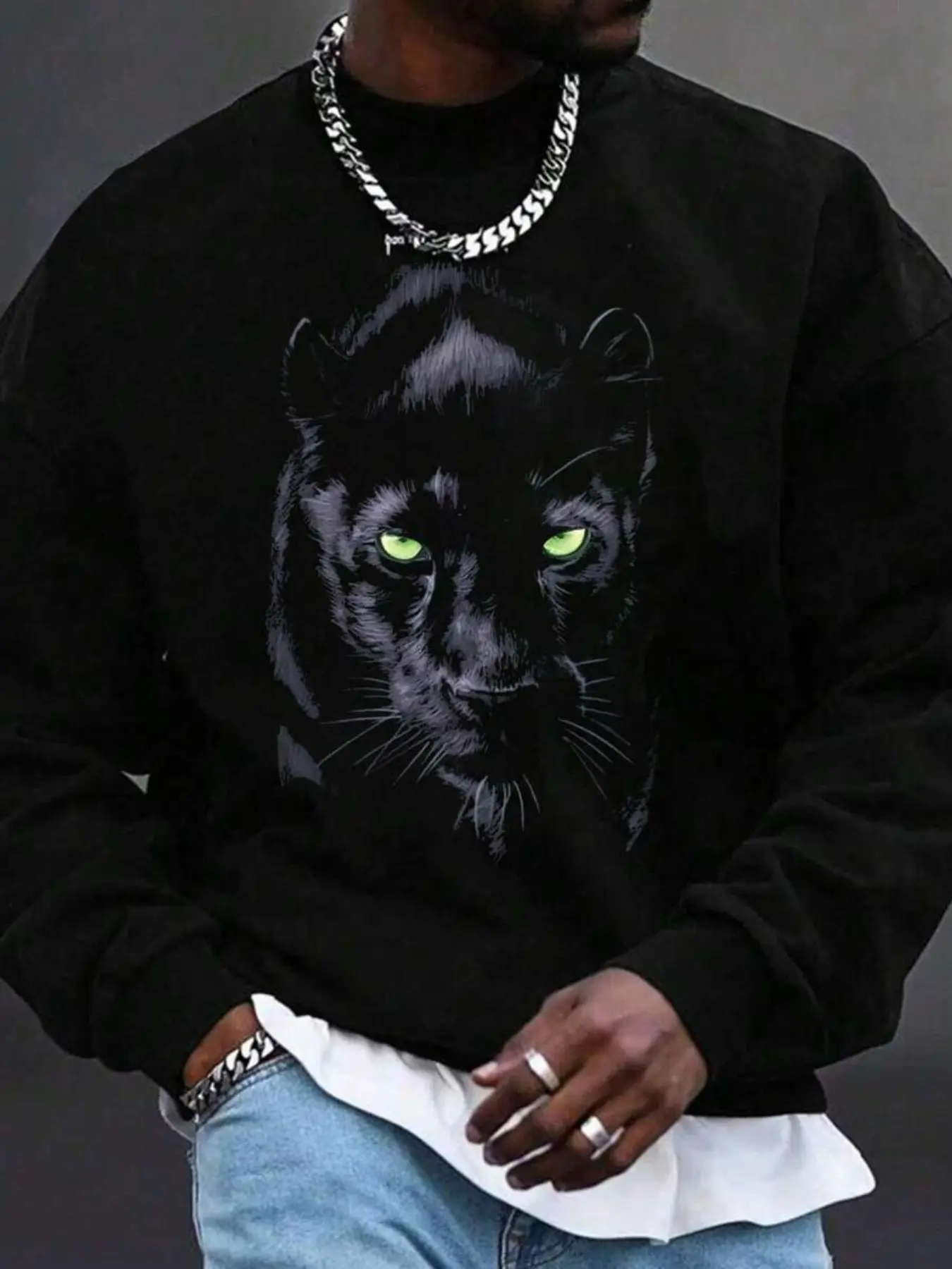 Men's Gangster Style Long Sleeve Round Neck Sweatshirt, Unisex Loose Fit Graphic Tee, Thick Hooded Pullover, Casual Streetwear for Fall & Winter, Knit, Casual Fashion Sweatshirt