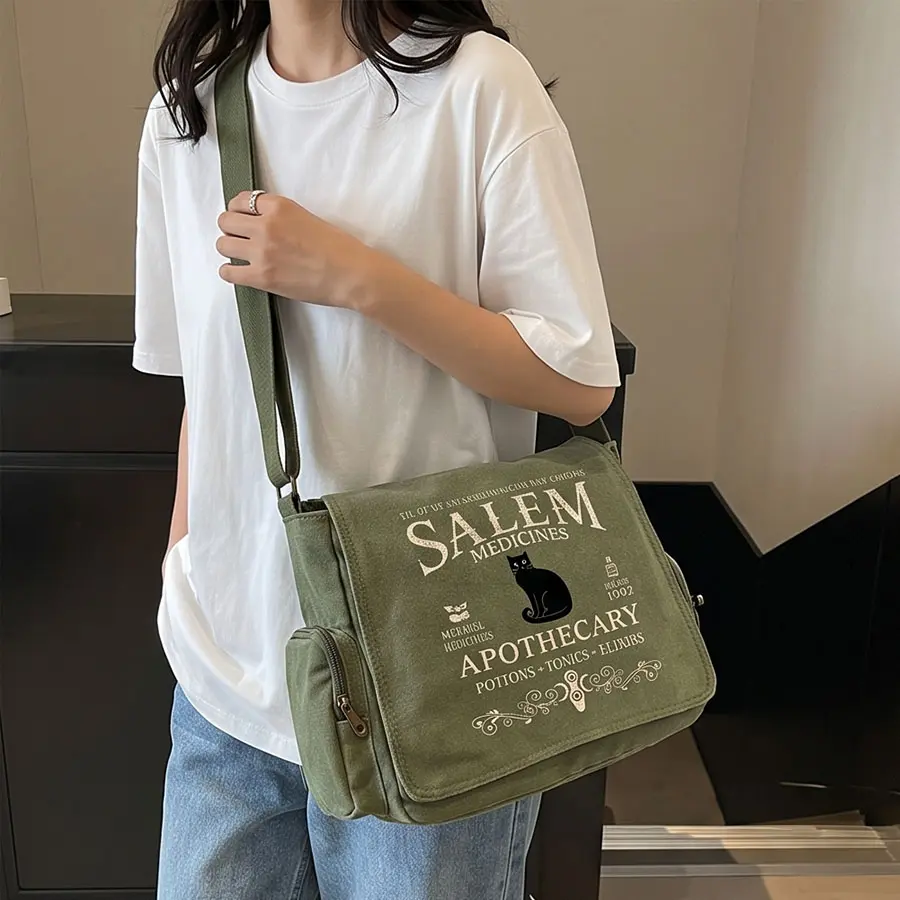 Women's Canvas Crossbody Shoulder Bag, Retro Messenger with Artistic Salem Apothecary Print, Casual & Adjustable for Daily Travel, Printed