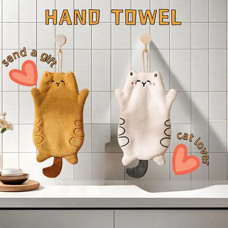 2pcs Coral Fleece Cotton Cat-Shaped Hand Towels, Strong Absorbency, Non-Shedding, Hangable, Orange & White Designs, Ideal for Kitchen/Bathroom, Perfect Gift for Cat Lovers (Valentine's Day), Animals, Kitchen Bath, Strong Absorbent, Home Use