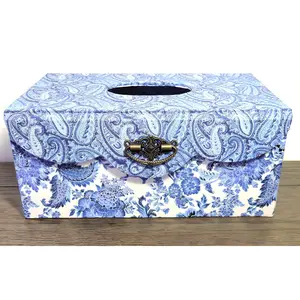 Fabric Covered Rectangle Tissue Box Holder and Cover, Elegant Home, Bath or Bedroom Decor, Delft Blue, White and Silver Paisley