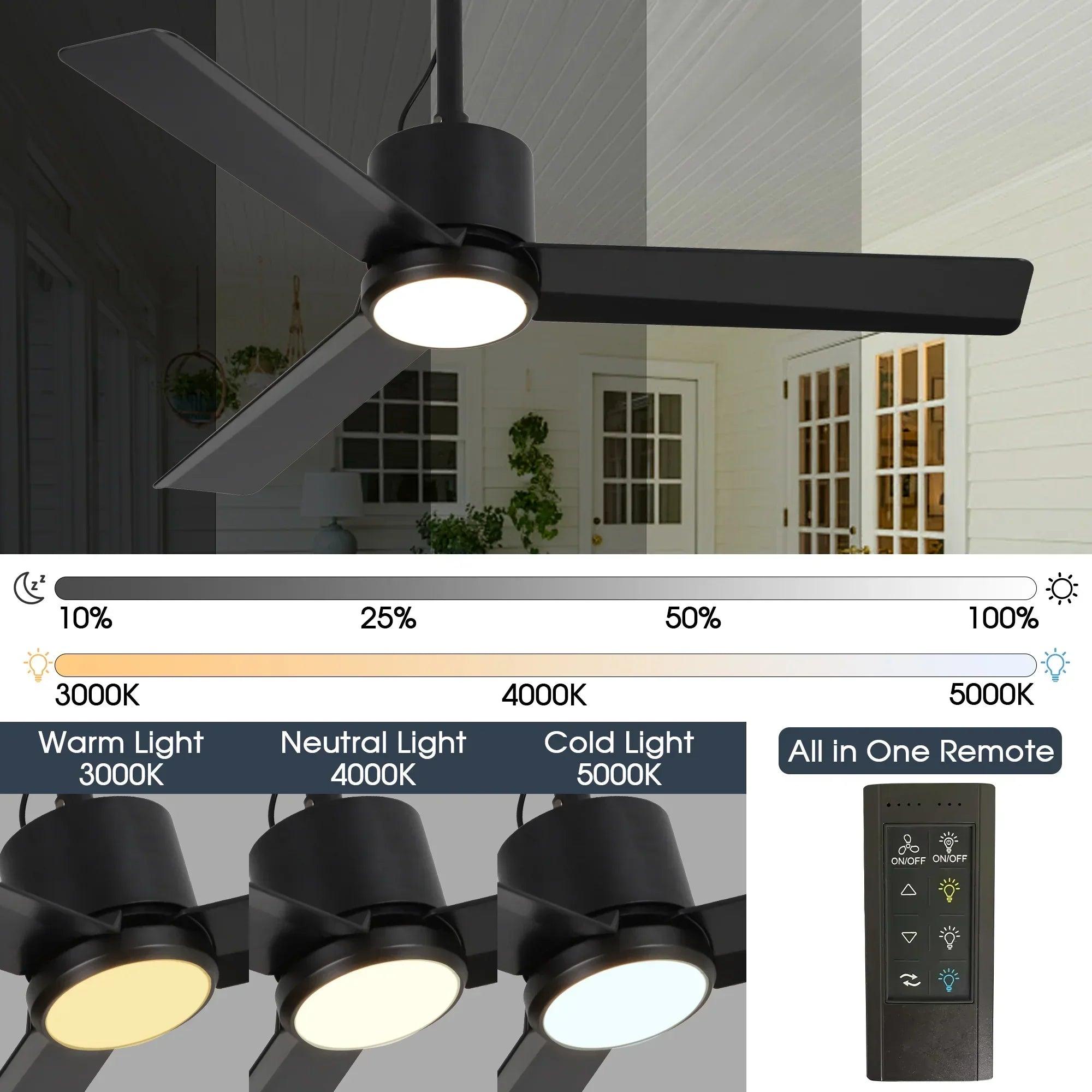 42" Outdoor/Indoor Ceiling Fan with Light | IP65 Waterproof Black | Remote & Convenient Hanging Hook