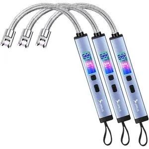 Candle USB Type C 360° Neck Lighter with LED Battery Display Safety Switch Flameless Plasma Windproof (Blue, 3Packs)