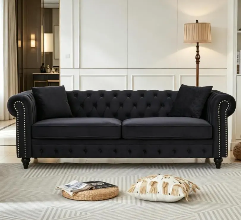 85.5" Velvet Chesterfield 3-Seat Sofa - Rolled Arms, Button-Tufted Design, 2 Cushions, 750 lbs Weight Capacity, Wood Frame - Indoor Living Room Apartment Furniture