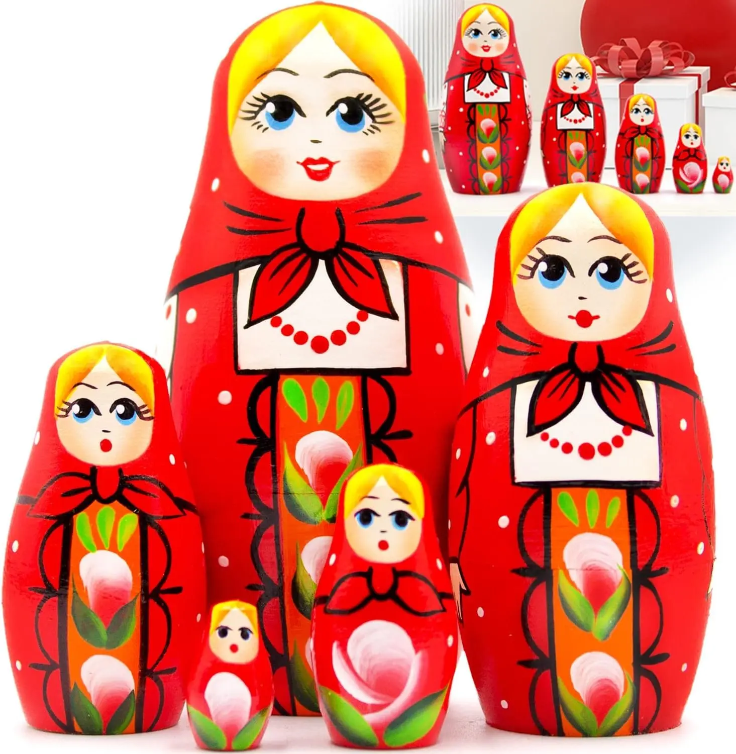 5 Pcs Hand-Painted Wooden Russian Nesting Dolls Set - Traditional Matryoshka Babushka Dolls with Classic Red Russian Sarafan