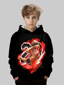 Boys Jordan 23 Hoodie, Dynamic Graffiti Flying Man Design, Basketball Fan Casual Streetwear, Fitted Fall & Winter Sweatshirt
