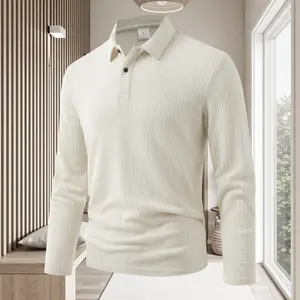 Autumn Men's Soft Waffle-Knit Long-Sleeve Button-Up Polo Shirt, Stretch Casual Golf Shirt, Fashion Knitwear for Birthdays