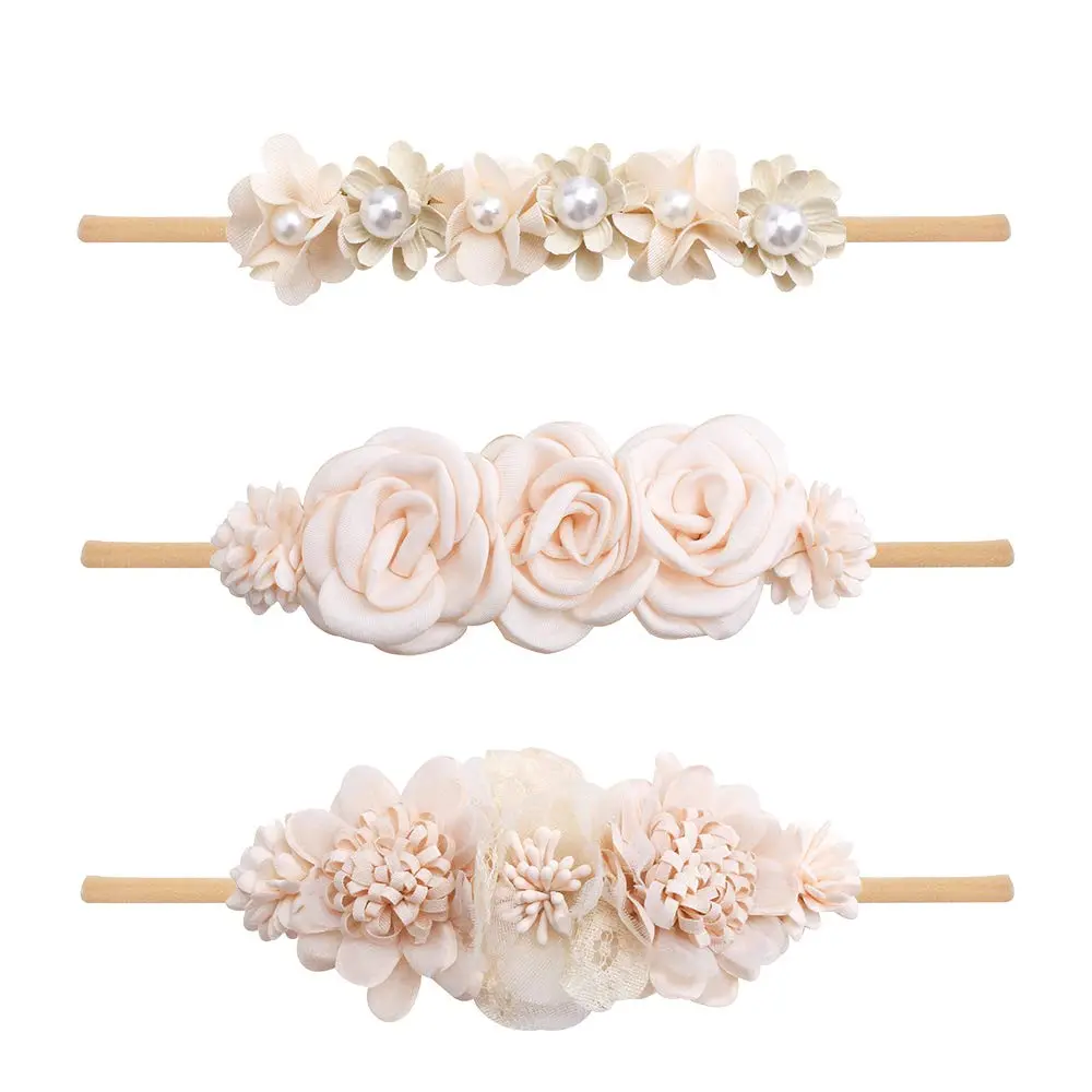 Girl's 3pcs Soft Nylon Baby Headbands with Bows & Flowers - Stretchable 12in Elastic Wraps, Plain Cute Newborn Toddler Accessories (0~6 Years), Premium Gift Box for Baby Shower, Birthday Party, Masquerade, 12 Inches