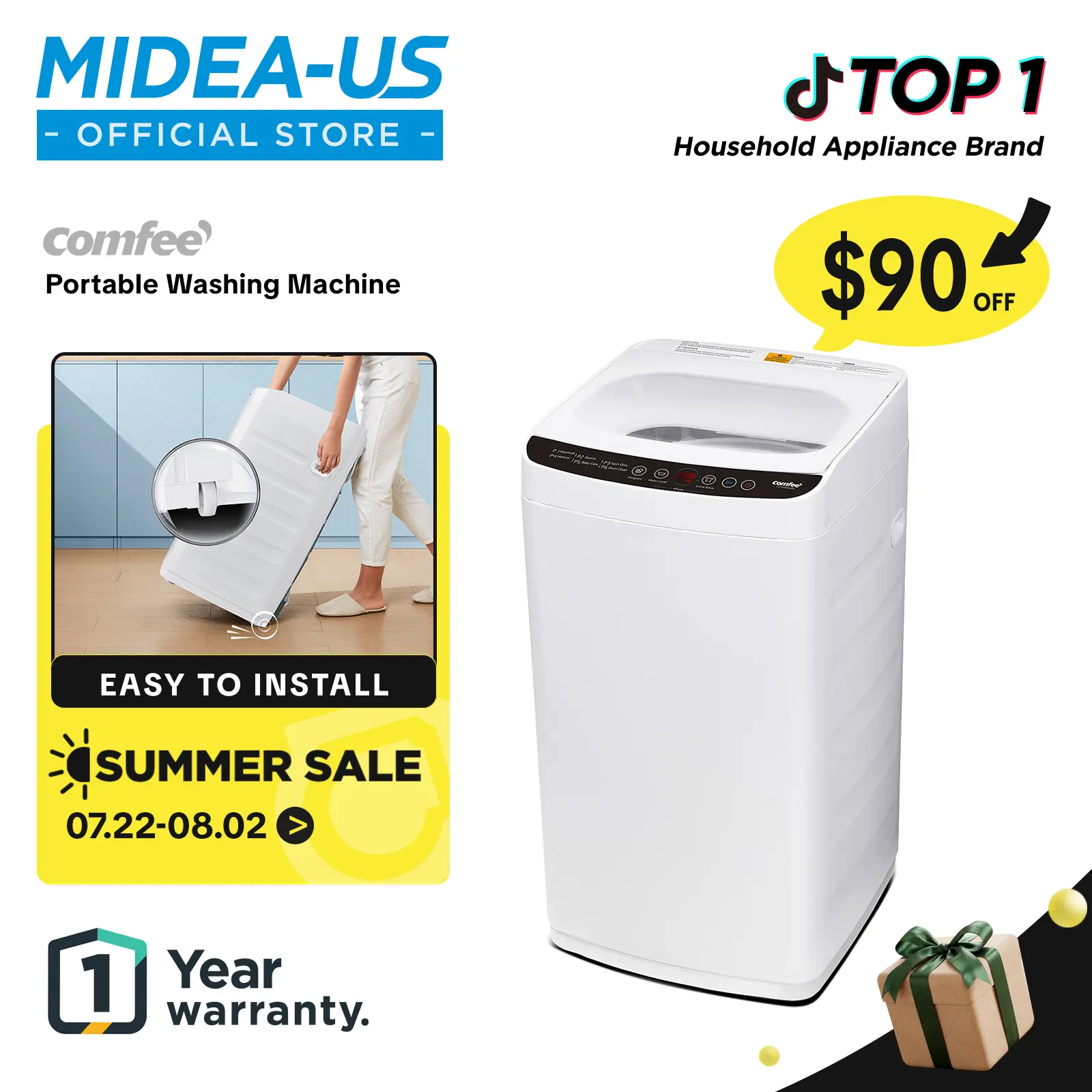 Comfee' Portable Washing Machine, 0.9 cu.ft Compact Washer With LED Display, with pump, 5 Wash Cycles, 2 Built-in Rollers, Space Saving Full-Automatic Washer, New Arrivals