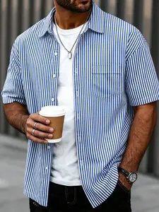 Men's Blue Striped Short Sleeve Long Fitted Classic Casual Shirt, Comfortable Fashion Design, Ideal for Daily Wear, Spring & Fall, Collared Workwear Shirt, Menswear