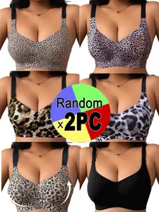 Randow Color,【Plus Size】 Leopard Print Wireless Bra, Comfortable Breathable Adjustable Strap Removable Chest Pads Bra, Women's Lingerie for All Seasons, Womenswear, Underwear