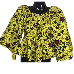 Ankara Prints Blouse with Black and Yellow Color, Free Style, Long Sleeve, Comfortable Top for Women - Shirts, Floral, Womenswear