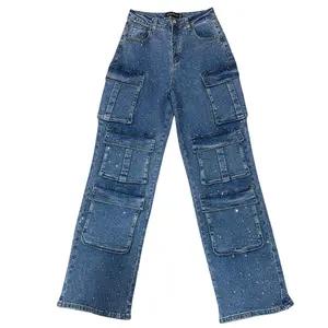 Natali Collection - Full Rhinestone Cargo Jeans Front Pockets All Seasons Glamour Fashionable & Functional Denim Pants