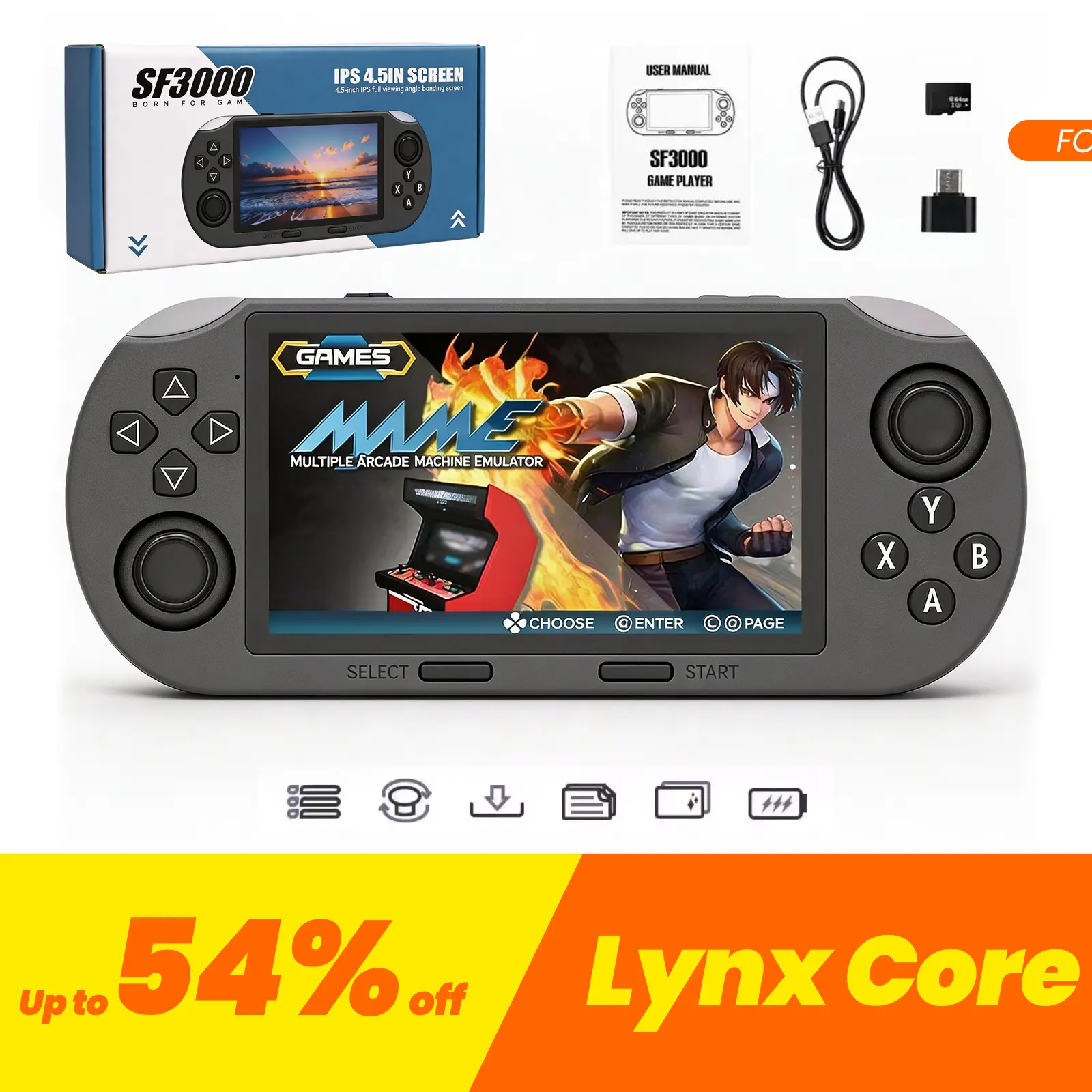 SF3000 Retro Handheld Game Console with 4.5 Inch IPS Screen 3000mAh Battery & 64GB TF Card for Boys Gift Gaming & accessories  game Cables cool gadgets boys Box Compact game console retro game consoles gamer gifts for him portable retro game con,summervib