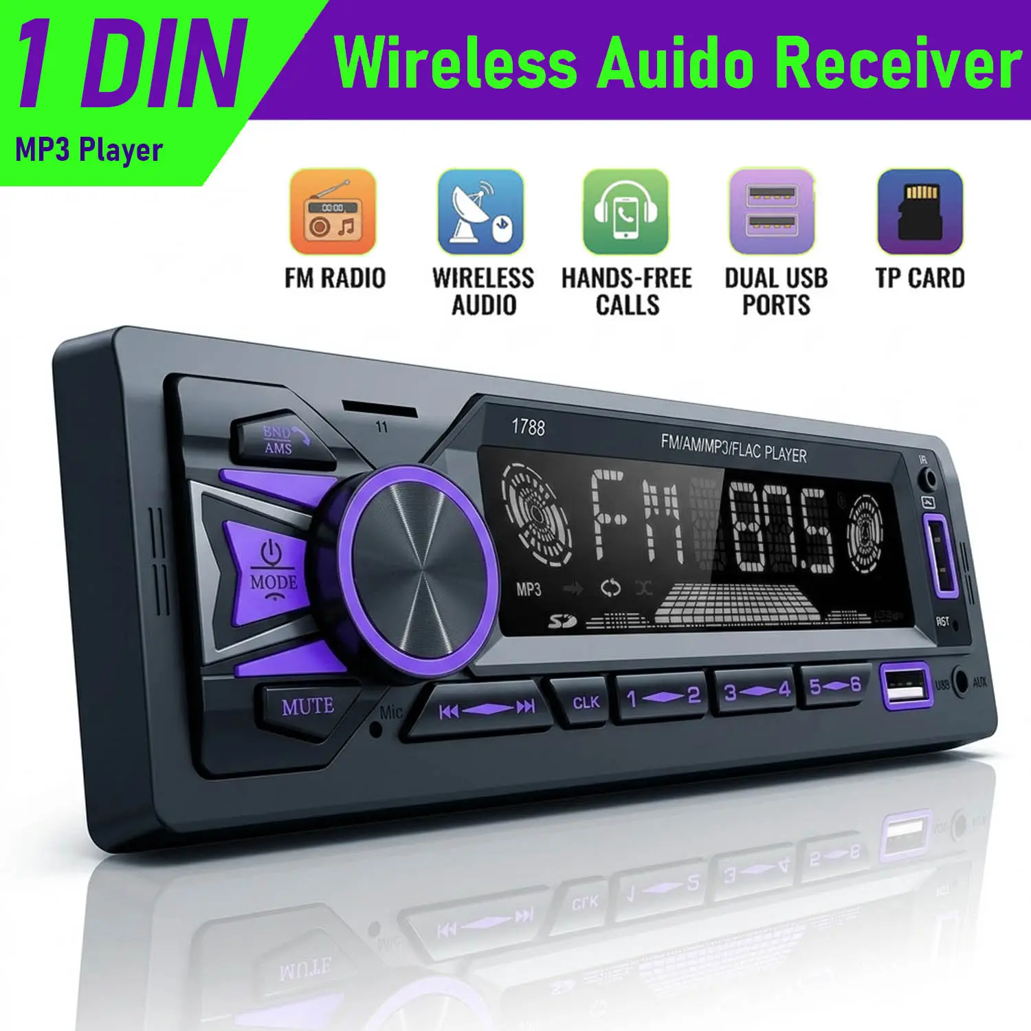Car Stereo Receiver 1 Single DIN Audio Bluetooth MP3 Player – Handsfree Calling, FM Radio, AUX in, TF Card/USB Playback, Phone Charging, Time Display, Color Change LED