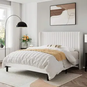 Allewie Velvet Upholstered Platform Bed Frame - Classic Design Headboard, Convenient Storage Headboard, Vertical Channel Tufted Wingback, Strong Wooden Slats, No Box Spring Needed, Queen/King Size Options, Ideal for Bedroom Decor
