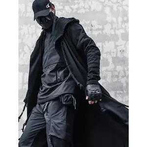 Lightweight Black Hooded Cape Coat — Men’s street-style casual black hooded cape coat made from lightweight, breathable polyester with decorative rope detail; loose-fit long cardigan suitable for casual wear