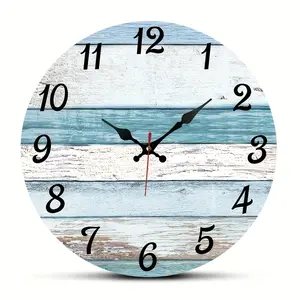 A Round 10 Inch Wall Clock with a Wooden Ocean-themed Design, Featuring Silent Operation Without Ticking, Ideal for Home Holiday Decoration and Gift-giving