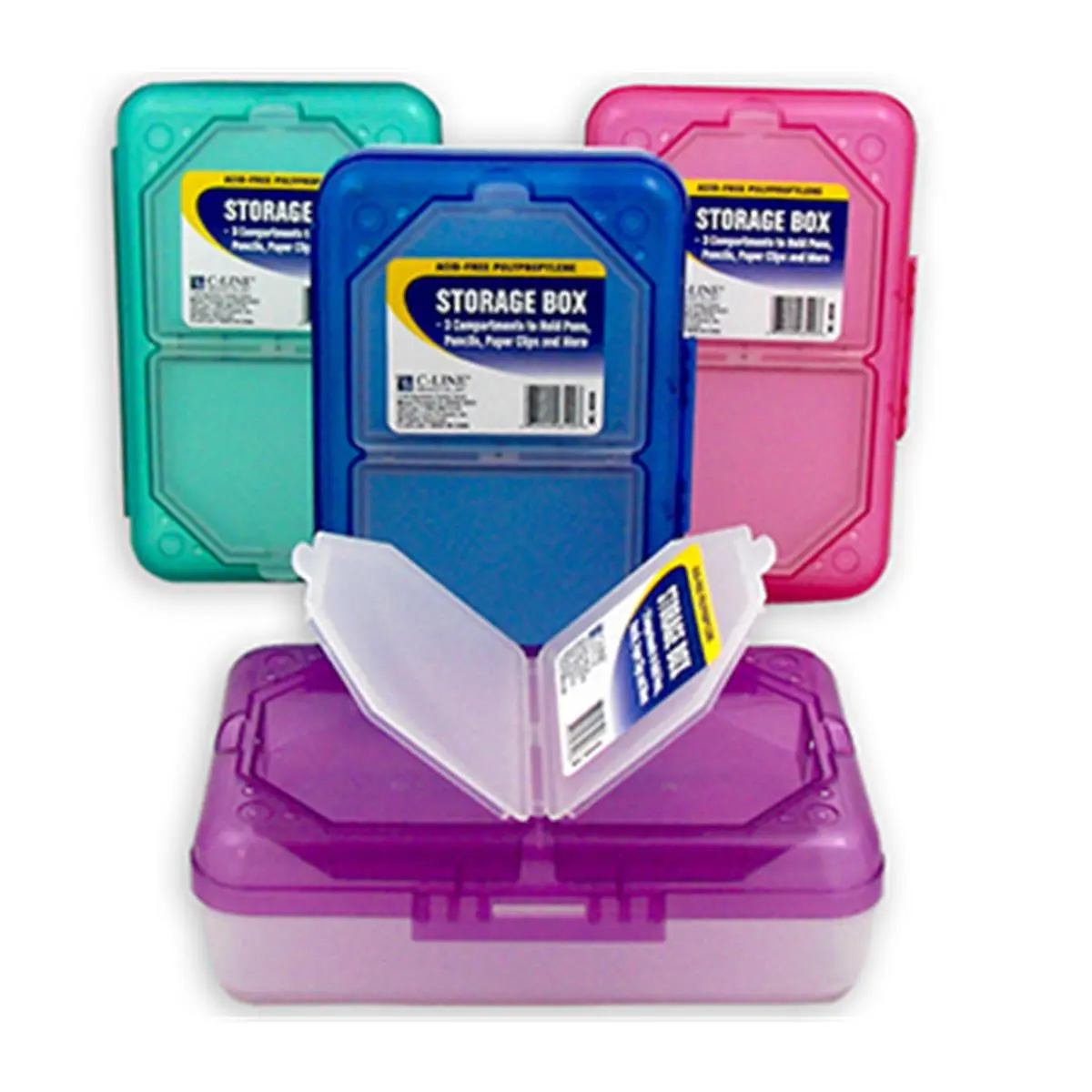 C-Line Products Inc CLI48500 3-Compartment Storage Box with Lid, Compartmentalized Organizer Storage Boxes for Home Supplies with Large Bottom, Assorted Designs