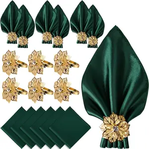 12 Pack  Napkin Rings and Cloth Napkins Set of 6, 17x17 Satin  Napkins Bulk Table Napkins Holder for Wedding Reception Personalized Napkins Bridal Shower for Party Decorative