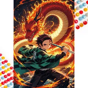 5D DIY Full Drill Round Diamond Painting Kits - Diamond Art Kit Flame Dragon, Samurai Sword, Combat Pose Mosaic, Canvas - DIY Home Decoration, Wall Decor, Suitable for Halloween, Christmas, Birthday, and Anniversary Gifts