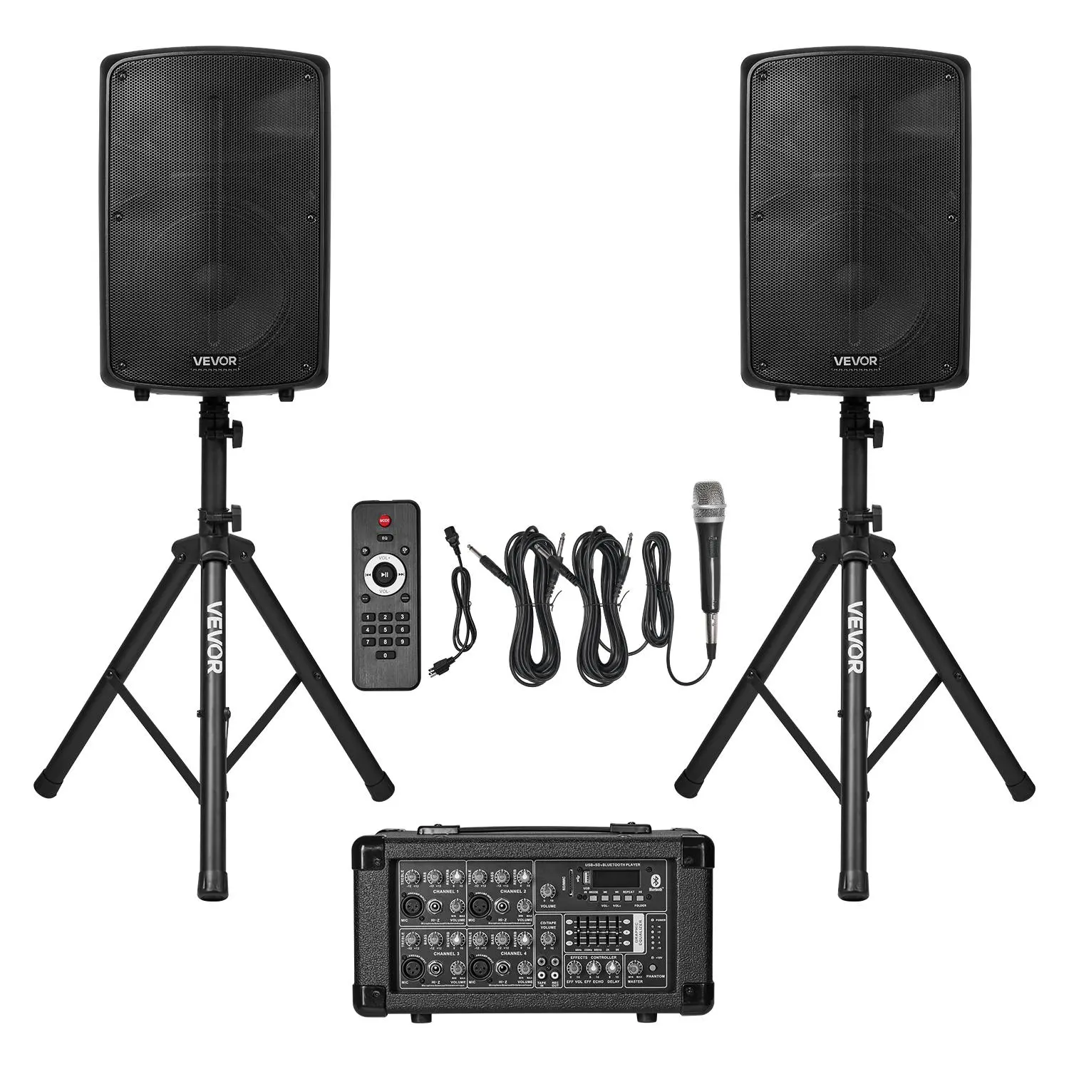 【summerfinds】VEVOR Professional 800W PA System - Adjustable 6-Channel Mixer, Dual Bluetooth Receiver Speakers, Wireless Audio Streaming, Microphone, Compact Stands, USB/SD/XLR Inputs, Remote Control, 1% THD, 52.76-63.78 in Height, for DJs, Events