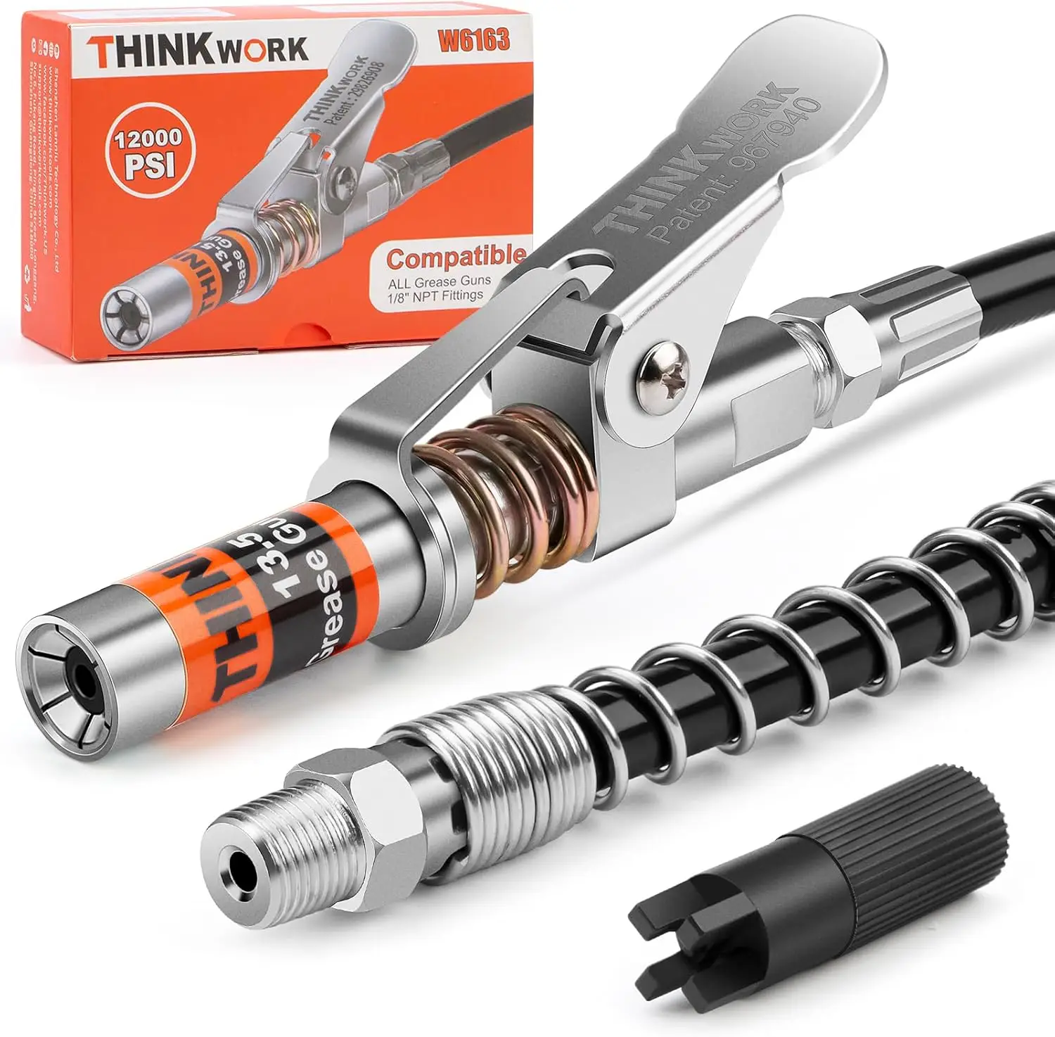 【Fall Deals For You】THINKWORK Car Grease Tools Coupler 12" Spring Flex Hose, 12000 PSI, Compatible with All Grease 1/8" NPT Fittings, Strong Lock Desi