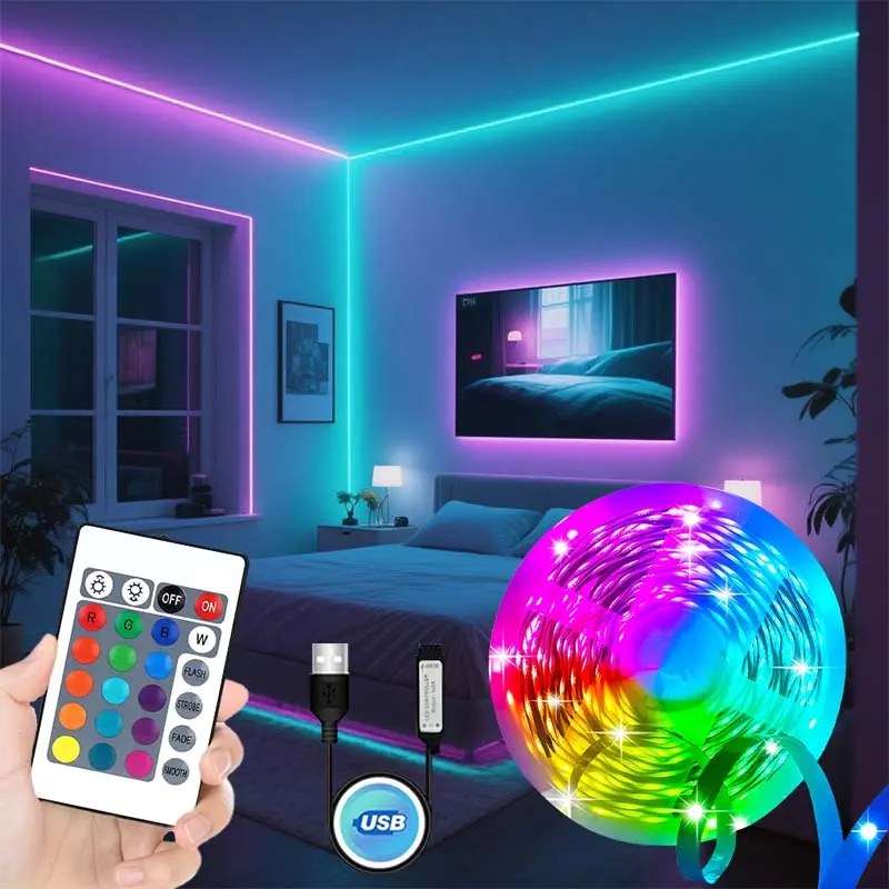 1 Pc 1–30 m Bedroom LED Light Strip with 24-Key Controller, Multi-Color USB 5V RGB Light Strip, Decorative Led Light, Led Lighting, Suitable for Home Decoration in Living Room, Kitchen and Family Parties