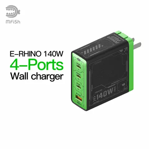 mfish E-RHINO 140W GaN Charger - 4-Port Fast Charging Block with Original Foldable Design, Universal International Travel Plug, AC Power Supply, Adapter Charger Ready for Smartphone, Cellphone & Electronic Devices