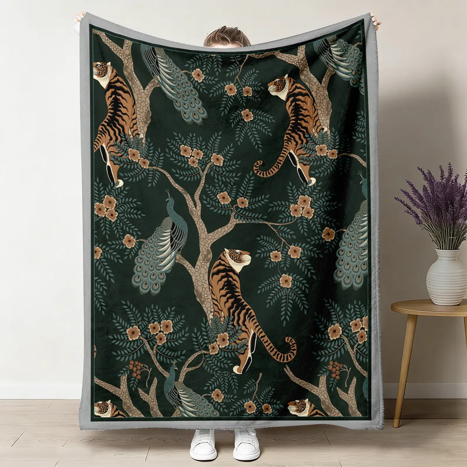 Classic Tiger Peacock Heritage Animal Print Flannel Throw Blanket - 80x60in (Big for Adults), Vintage Oriental Dark Green Floral, Soft, Feel Cosy, Warm, Breathable, Durable, Wrinkle Resistant, Birthday Exotic Gift, Eclectic Bedroom Decor