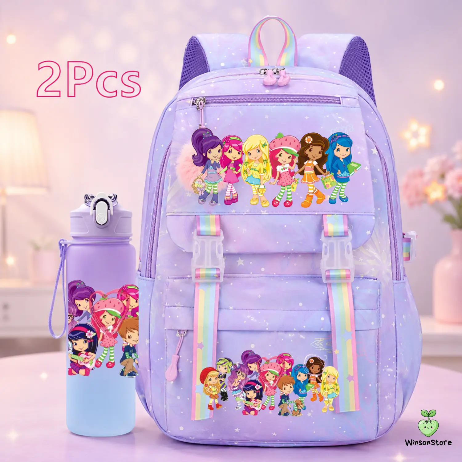 Strawberry Shortcake School Backpack Set for Girls | 2-Piece Cute Pastel Bookbag & Water Bottle