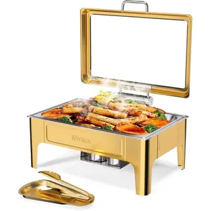 ROVSUN 9QT Gold Chafing Dishes for Buffet, Roll Top Chafing Dish Buffet Set, Rectangular Chafers and Buffet Warmers Sets with Glass Lid & Serving Tong for Parties Weddings Catering Events Dinners