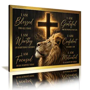 Lion & Cross Pattern Canvas Painting , 1 Count Inspirational Quote Print, Wall Art Decor for Home Living Room Bedroom, Christ Cross Print, Religious, Wooden Cross Decorations