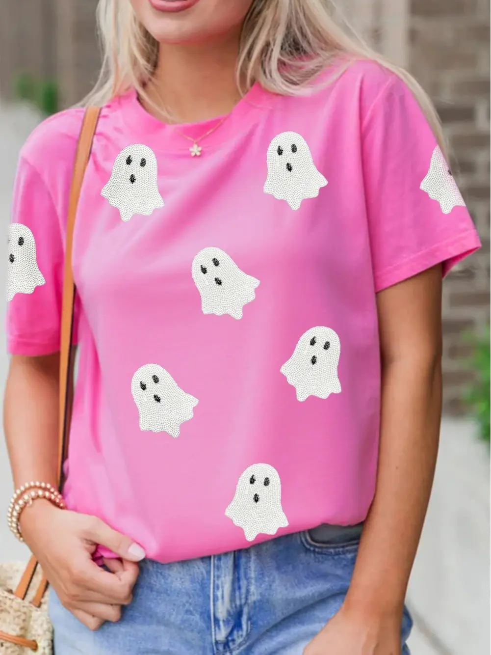 Women’s Halloween Cotton Blend T-Shirt - Ghost Print, Sequin Patches, Medium Length, Casual Graphic Top, Machine Washable, Round Neck