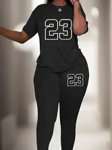 【Plus Size】 Two-piece Set Figure Print Tee & Skinny Pants, Casual Round Neck Short Sleeve T-shirt & Trousers for Daily Wear, Women's Two-piece Outfits for Spring & Fall, Casual Suit Set