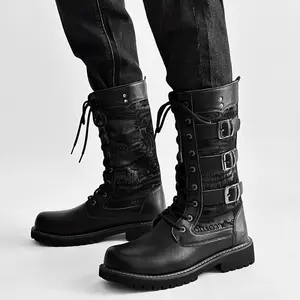 UYCEKK Boots for men black multi-buckle motorcycle long boots, large size, high-top laced design, durable and stable soles, suitable for daily outings, motorcycle style, punk outfits, artistic looks, and workwear with Western cowboy boots